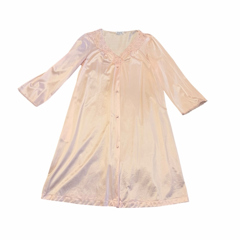 Vintage Vanity Fair Pink Nylon Nightgown M Lace Trim Button Front USA